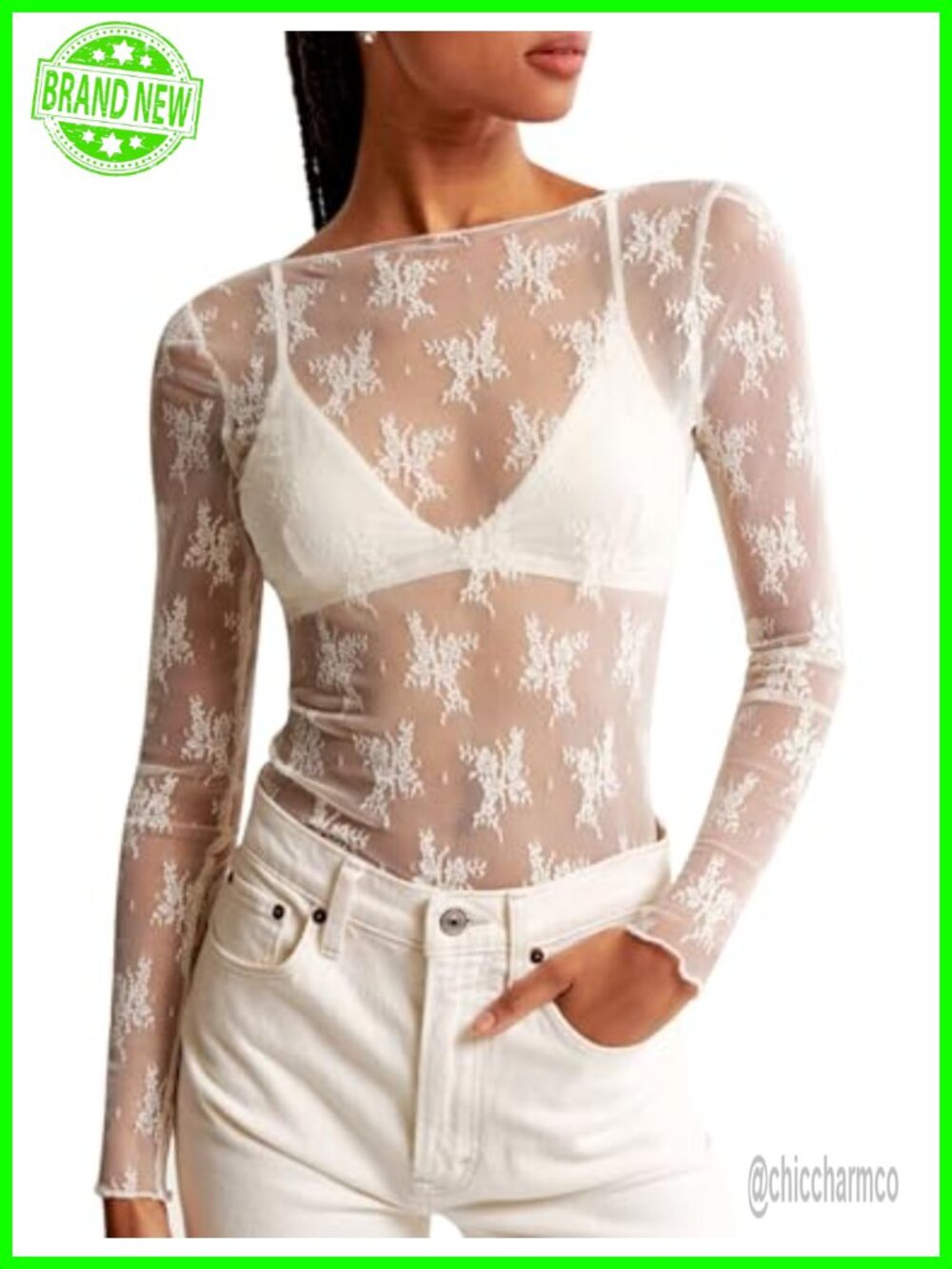 Womens Lace Mesh Long Sleeve Boat Neck Sheer Crop Top Layering Blouse